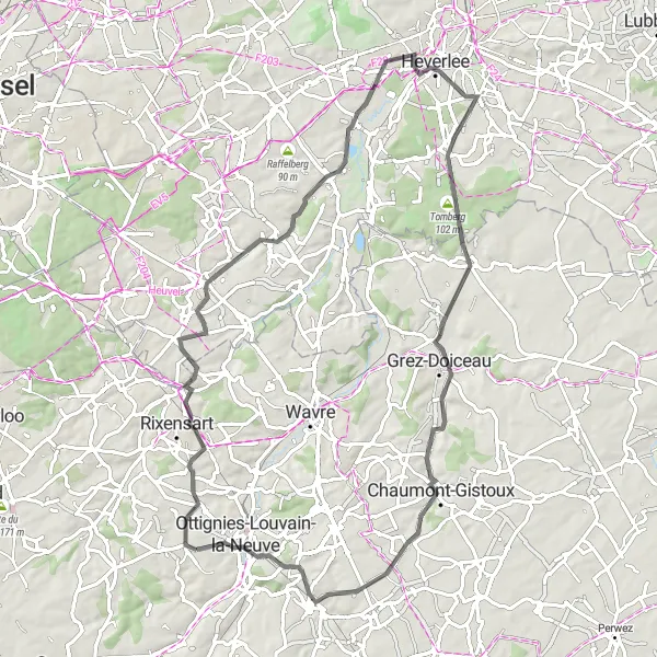 Map miniature of "Maleizen to Céroux-Mousty Road" cycling inspiration in Prov. Brabant Wallon, Belgium. Generated by Tarmacs.app cycling route planner