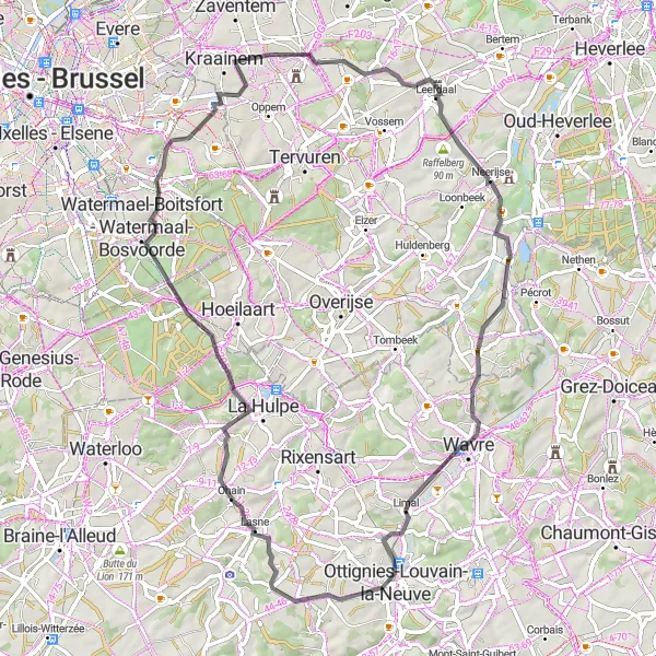 Miniatuurkaart van de fietsinspiratie "Tocht door het Groene Hart van Brabant Wallon" in Prov. Brabant Wallon, Belgium. Gemaakt door de Tarmacs.app fietsrouteplanner
