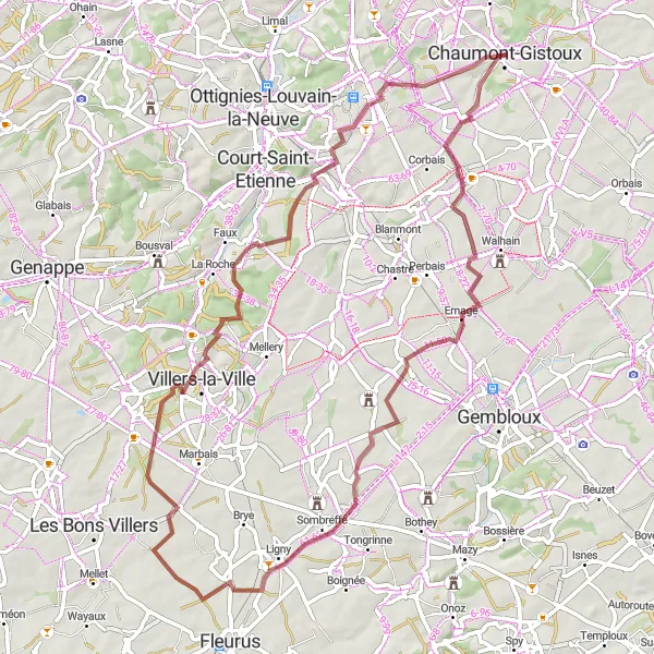 Map miniature of "Gravel Tour through Sombreffe and Villers-la-Ville" cycling inspiration in Prov. Brabant Wallon, Belgium. Generated by Tarmacs.app cycling route planner