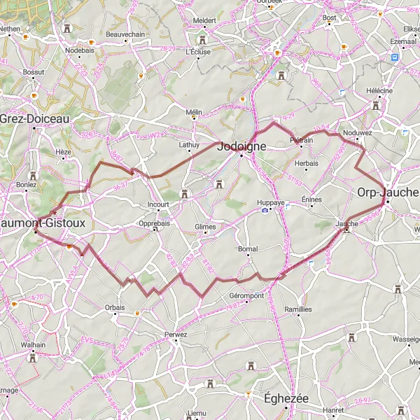 Map miniature of "Gravel Cycling Loop via Roux-Miroir" cycling inspiration in Prov. Brabant Wallon, Belgium. Generated by Tarmacs.app cycling route planner