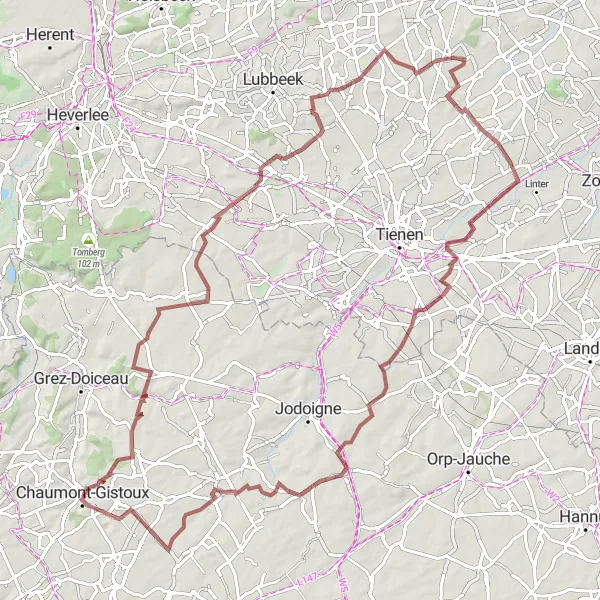 Map miniature of "Gravel Adventure via Jauchelette" cycling inspiration in Prov. Brabant Wallon, Belgium. Generated by Tarmacs.app cycling route planner