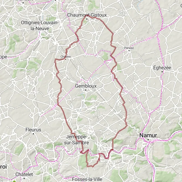 Map miniature of "Gravel biking adventure near Chaumont-Gistoux" cycling inspiration in Prov. Brabant Wallon, Belgium. Generated by Tarmacs.app cycling route planner