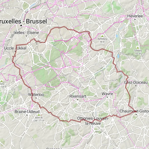 Map miniature of "Challenging gravel circuit from Chaumont-Gistoux" cycling inspiration in Prov. Brabant Wallon, Belgium. Generated by Tarmacs.app cycling route planner