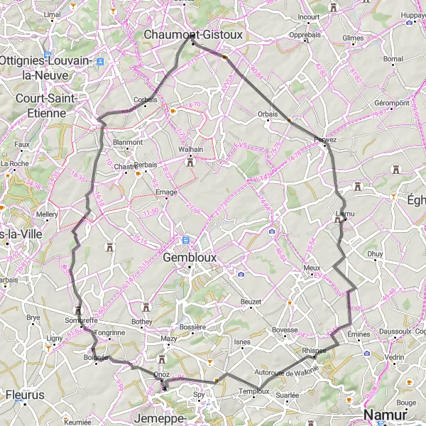 Map miniature of "Round-trip cycling route from Chaumont-Gistoux" cycling inspiration in Prov. Brabant Wallon, Belgium. Generated by Tarmacs.app cycling route planner
