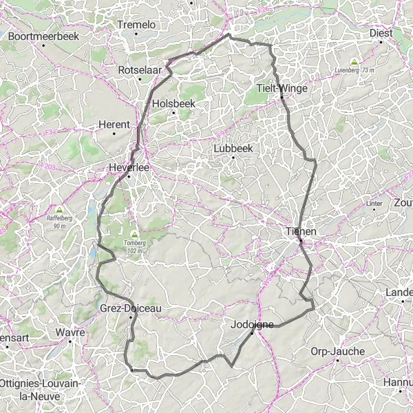 Miniature de la carte de l'inspiration cycliste "La Route des Châteaux" dans la Prov. Brabant Wallon, Belgium. Générée par le planificateur d'itinéraire cycliste Tarmacs.app