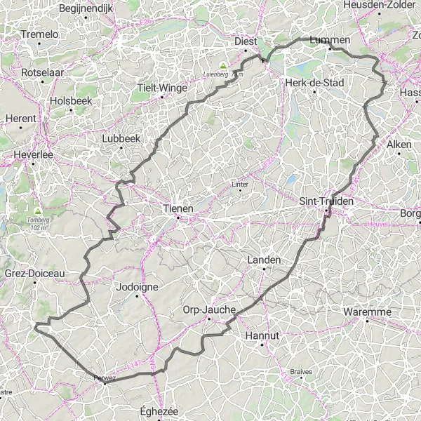 Map miniature of "Scenic Road Cycling Route to Gingelom" cycling inspiration in Prov. Brabant Wallon, Belgium. Generated by Tarmacs.app cycling route planner