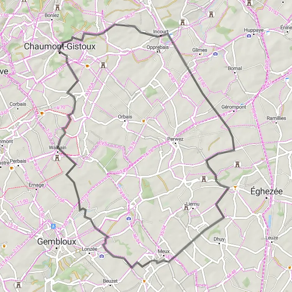 Map miniature of "Scenic Road Loop via Sauvenière" cycling inspiration in Prov. Brabant Wallon, Belgium. Generated by Tarmacs.app cycling route planner