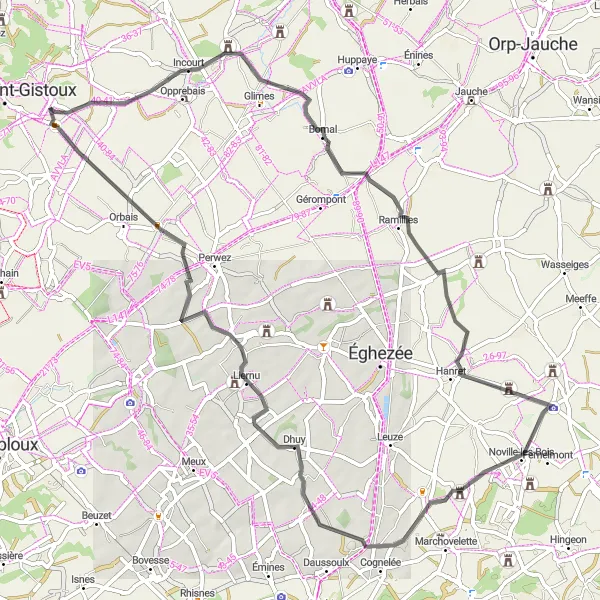 Map miniature of "Scenic road cycling route near Chaumont-Gistoux" cycling inspiration in Prov. Brabant Wallon, Belgium. Generated by Tarmacs.app cycling route planner
