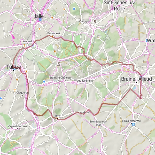 Miniature de la carte de l'inspiration cycliste "Exploration des Vallées Brabançonnes" dans la Prov. Brabant Wallon, Belgium. Générée par le planificateur d'itinéraire cycliste Tarmacs.app
