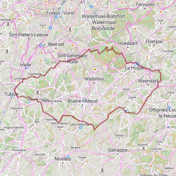 Map miniature of "Gravel Challenge Through Forests" cycling inspiration in Prov. Brabant Wallon, Belgium. Generated by Tarmacs.app cycling route planner