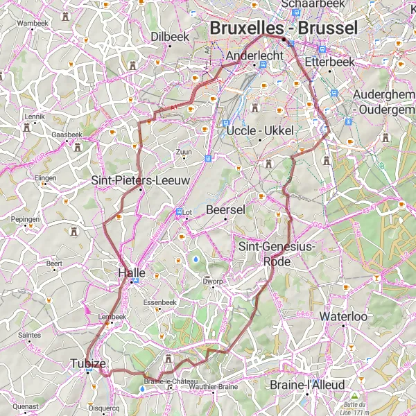 Map miniature of "Scenic Gravel Ride with Historical Stops" cycling inspiration in Prov. Brabant Wallon, Belgium. Generated by Tarmacs.app cycling route planner