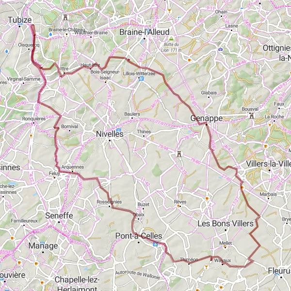 Karten-Miniaturansicht der Radinspiration "Gravel-Rundfahrt von Clabecq nach Haut-Ittre" in Prov. Brabant Wallon, Belgium. Erstellt vom Tarmacs.app-Routenplaner für Radtouren