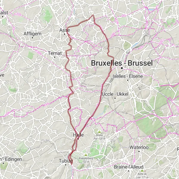Miniature de la carte de l'inspiration cycliste "Parcours Gravel des Villages aux Clochers" dans la Prov. Brabant Wallon, Belgium. Générée par le planificateur d'itinéraire cycliste Tarmacs.app