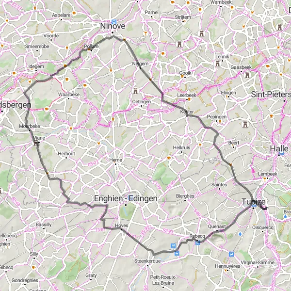 Miniatuurkaart van de fietsinspiratie "Road Avontuur door het Pajottenland" in Prov. Brabant Wallon, Belgium. Gemaakt door de Tarmacs.app fietsrouteplanner