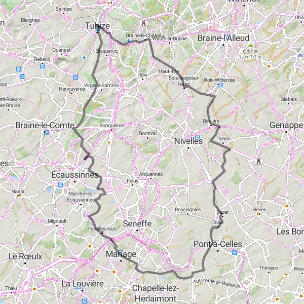 Map miniature of "Challenging Road Loop" cycling inspiration in Prov. Brabant Wallon, Belgium. Generated by Tarmacs.app cycling route planner