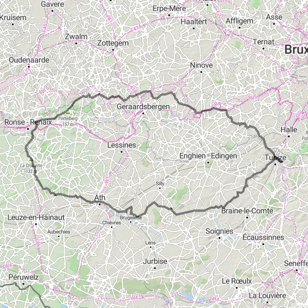 Miniature de la carte de l'inspiration cycliste "Aventure Road des Collines" dans la Prov. Brabant Wallon, Belgium. Générée par le planificateur d'itinéraire cycliste Tarmacs.app