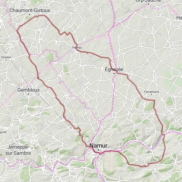 Map miniature of "Brabant Wallon Gravel Loop" cycling inspiration in Prov. Brabant Wallon, Belgium. Generated by Tarmacs.app cycling route planner