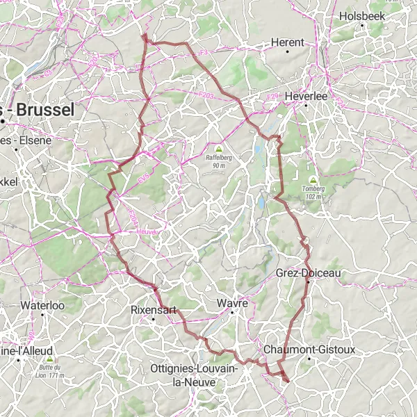 Miniatuurkaart van de fietsinspiratie "Gravelavontuur in Brabant" in Prov. Brabant Wallon, Belgium. Gemaakt door de Tarmacs.app fietsrouteplanner
