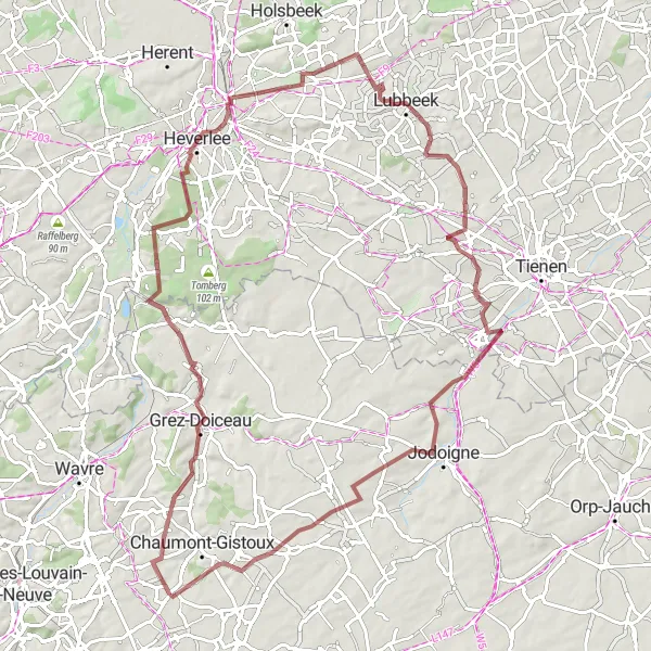 Map miniature of "Ancient Villages and Scenic Views" cycling inspiration in Prov. Brabant Wallon, Belgium. Generated by Tarmacs.app cycling route planner