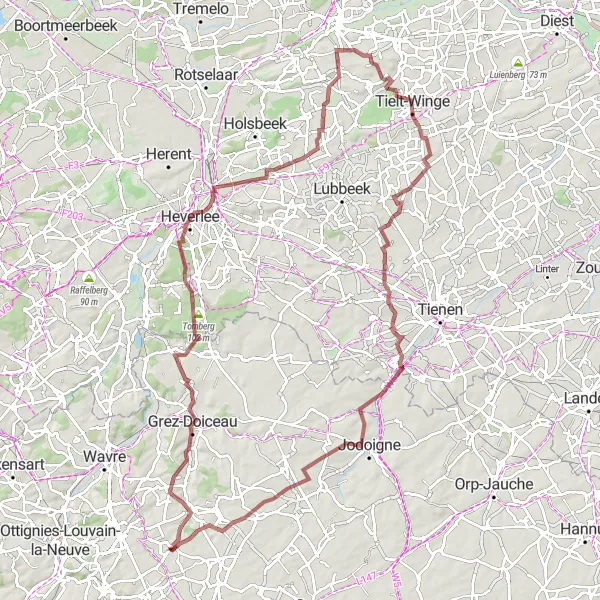 Map miniature of "Hidden Gems of Brabant Wallon Gravel Loop" cycling inspiration in Prov. Brabant Wallon, Belgium. Generated by Tarmacs.app cycling route planner