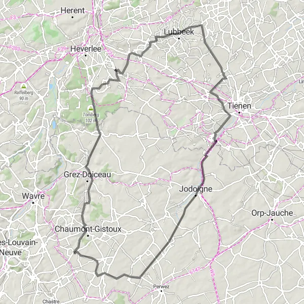 Miniature de la carte de l'inspiration cycliste "Le Tour des Villages Brabançons" dans la Prov. Brabant Wallon, Belgium. Générée par le planificateur d'itinéraire cycliste Tarmacs.app