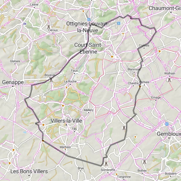 Map miniature of "Brabant Wallon Road Loop" cycling inspiration in Prov. Brabant Wallon, Belgium. Generated by Tarmacs.app cycling route planner