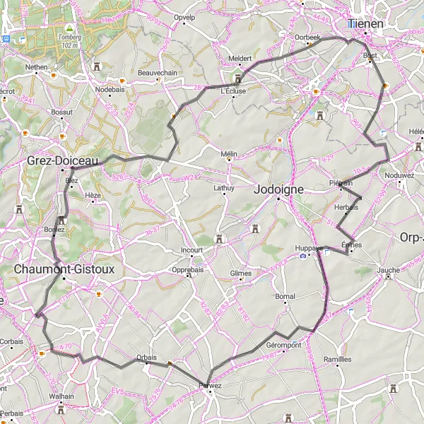 Miniatuurkaart van de fietsinspiratie "Groene landschappen en historische pareltjes" in Prov. Brabant Wallon, Belgium. Gemaakt door de Tarmacs.app fietsrouteplanner