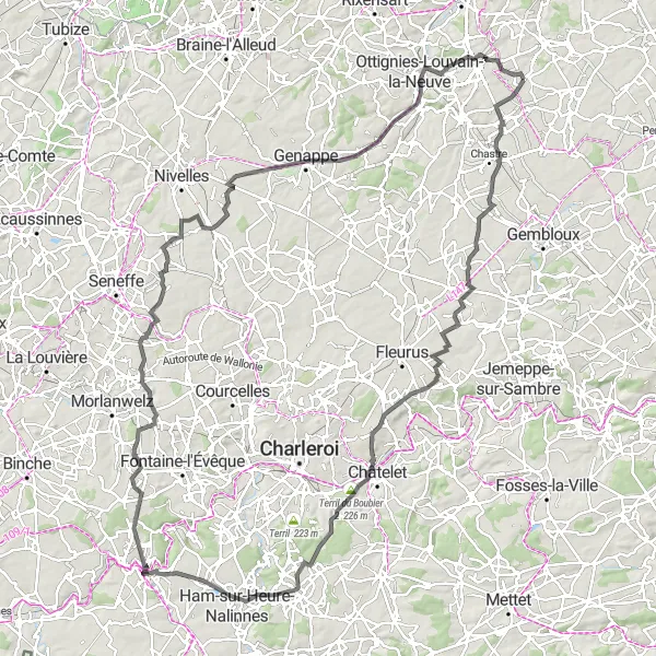 Karten-Miniaturansicht der Radinspiration "Herausfordernde Rundfahrt durch Brabant Wallon" in Prov. Brabant Wallon, Belgium. Erstellt vom Tarmacs.app-Routenplaner für Radtouren