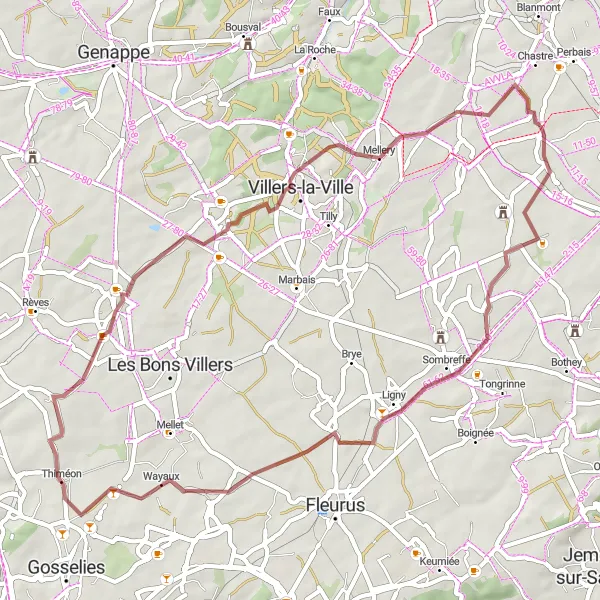 Miniatuurkaart van de fietsinspiratie "Gravelroute van Cortil-Noirmont naar Chastre" in Prov. Brabant Wallon, Belgium. Gemaakt door de Tarmacs.app fietsrouteplanner