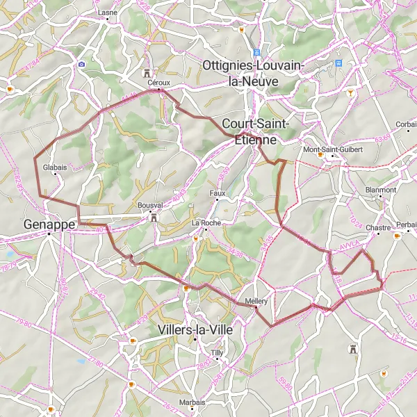 Map miniature of "Gravel Route: Cortil-Noirmont to Chastre" cycling inspiration in Prov. Brabant Wallon, Belgium. Generated by Tarmacs.app cycling route planner