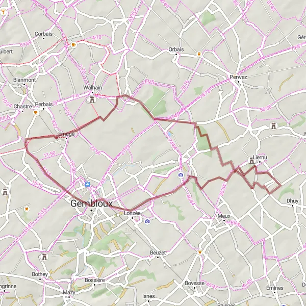 Karten-Miniaturansicht der Radinspiration "Cortil-Noirmont-Ernage-Rundfahrt" in Prov. Brabant Wallon, Belgium. Erstellt vom Tarmacs.app-Routenplaner für Radtouren