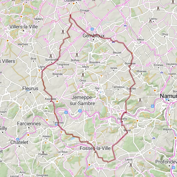 Map miniature of "Challenging Gembloux to Sombreffe Gravel Adventure" cycling inspiration in Prov. Brabant Wallon, Belgium. Generated by Tarmacs.app cycling route planner