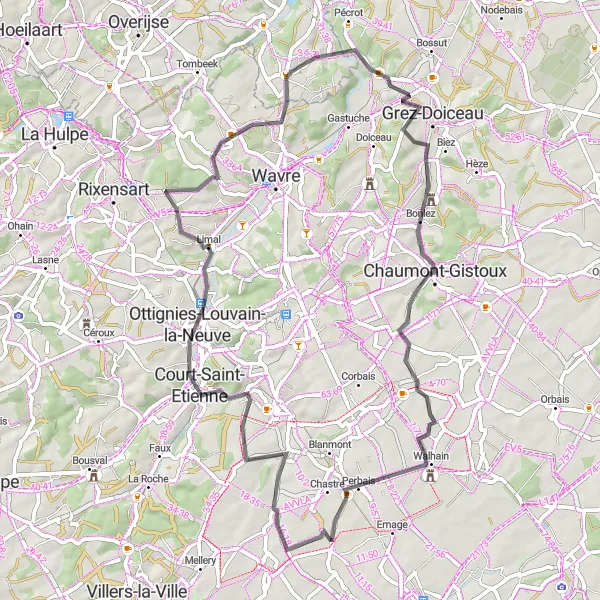 Map miniature of "Cortil-Noirmont to Perbais Road Cycling Route" cycling inspiration in Prov. Brabant Wallon, Belgium. Generated by Tarmacs.app cycling route planner