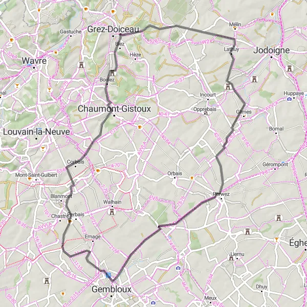 Map miniature of "Cortil-Noirmont to Gembloux Loop" cycling inspiration in Prov. Brabant Wallon, Belgium. Generated by Tarmacs.app cycling route planner
