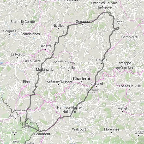 Miniatuurkaart van de fietsinspiratie "Wegroute van Cortil-Noirmont naar Hévillers" in Prov. Brabant Wallon, Belgium. Gemaakt door de Tarmacs.app fietsrouteplanner