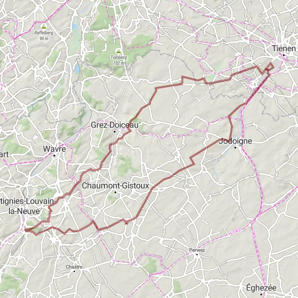 Map miniature of "Gravel Countryside Challenge" cycling inspiration in Prov. Brabant Wallon, Belgium. Generated by Tarmacs.app cycling route planner