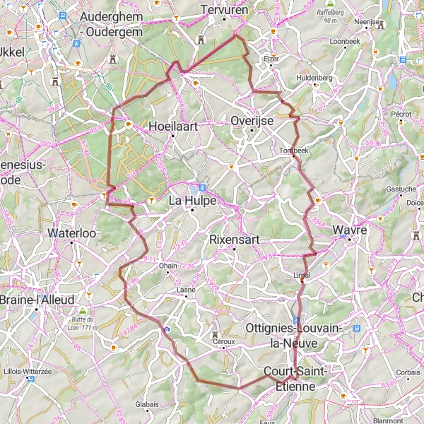 Map miniature of "The Challenging Gravel Route" cycling inspiration in Prov. Brabant Wallon, Belgium. Generated by Tarmacs.app cycling route planner