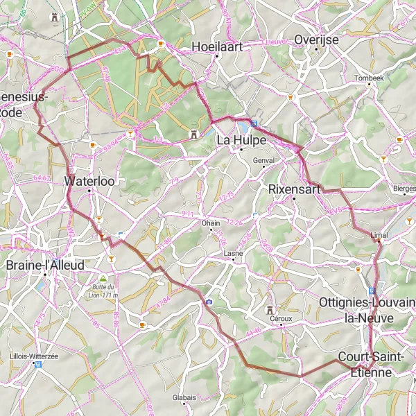 Map miniature of "Gravel Adventure through Historical Landmarks" cycling inspiration in Prov. Brabant Wallon, Belgium. Generated by Tarmacs.app cycling route planner