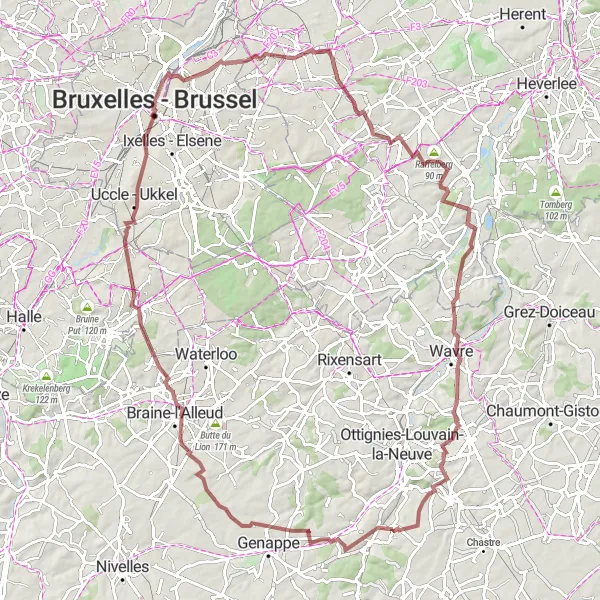 Map miniature of "Gravel Adventure and Urban Delights" cycling inspiration in Prov. Brabant Wallon, Belgium. Generated by Tarmacs.app cycling route planner