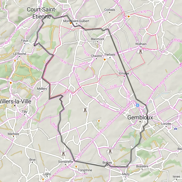 Karten-Miniaturansicht der Radinspiration "Rundfahrt von Court-Saint-Étienne nach Mellery" in Prov. Brabant Wallon, Belgium. Erstellt vom Tarmacs.app-Routenplaner für Radtouren