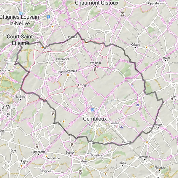 Map miniature of "The Medieval Heritage Route" cycling inspiration in Prov. Brabant Wallon, Belgium. Generated by Tarmacs.app cycling route planner