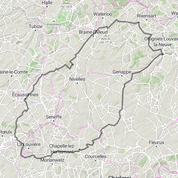 Map miniature of "The Ronquières Inclined Plane" cycling inspiration in Prov. Brabant Wallon, Belgium. Generated by Tarmacs.app cycling route planner