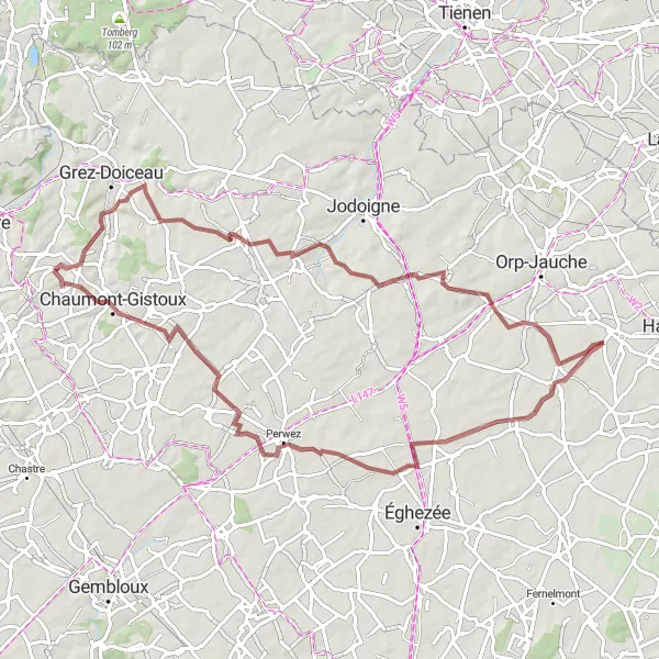 Map miniature of "Gravel Cycling Route through Biez to Chaumont-Gistoux" cycling inspiration in Prov. Brabant Wallon, Belgium. Generated by Tarmacs.app cycling route planner