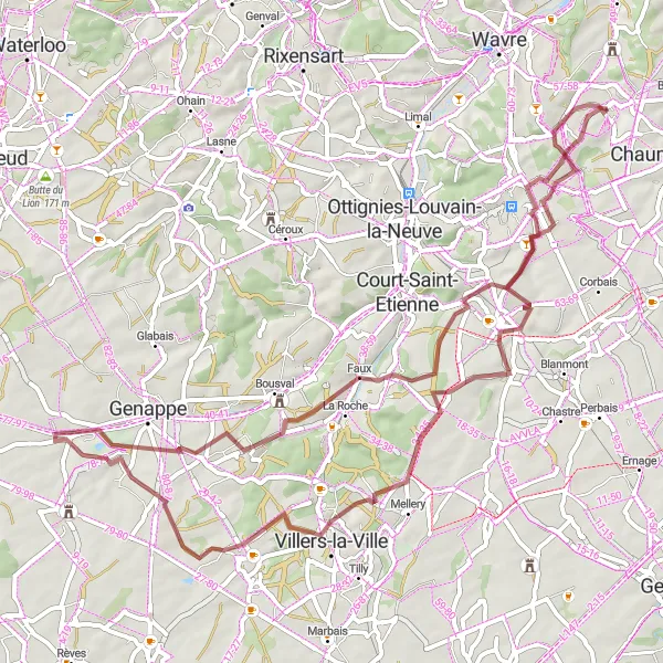 Miniatuurkaart van de fietsinspiratie "Gravelavontuur door Loupoigne en Hévillers" in Prov. Brabant Wallon, Belgium. Gemaakt door de Tarmacs.app fietsrouteplanner