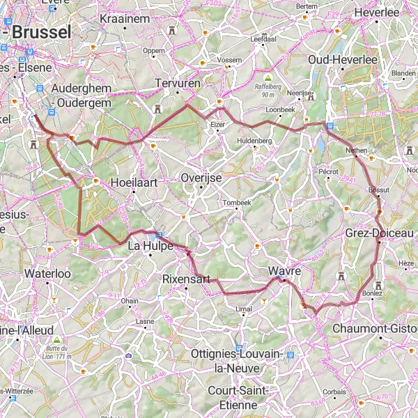 Map miniature of "Gravel Adventure: Exploring Dion-le-Mont" cycling inspiration in Prov. Brabant Wallon, Belgium. Generated by Tarmacs.app cycling route planner
