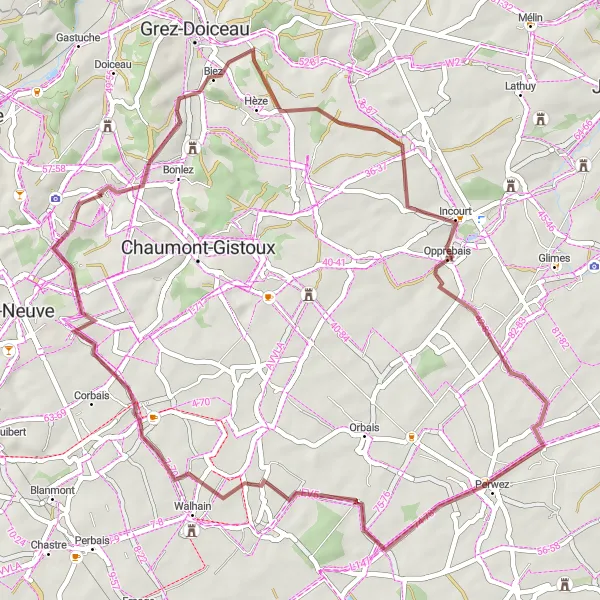 Map miniature of "Gravel Cycling Route to Ferme de Villers" cycling inspiration in Prov. Brabant Wallon, Belgium. Generated by Tarmacs.app cycling route planner