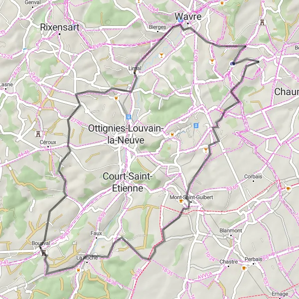 Map miniature of "Scenic Road Tour: Exploring Mont-Saint-Guibert" cycling inspiration in Prov. Brabant Wallon, Belgium. Generated by Tarmacs.app cycling route planner
