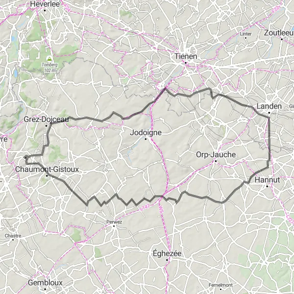 Map miniature of "Road Cycling Route to Chaumont-Gistoux" cycling inspiration in Prov. Brabant Wallon, Belgium. Generated by Tarmacs.app cycling route planner