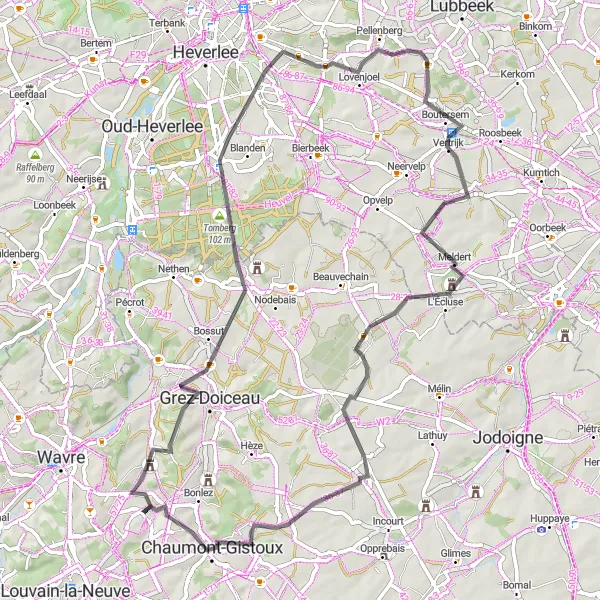 Map miniature of "Road Cycling Route through Dion-le-Val to Chaumont-Gistoux" cycling inspiration in Prov. Brabant Wallon, Belgium. Generated by Tarmacs.app cycling route planner