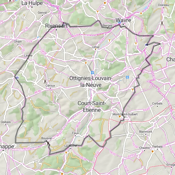 Map miniature of "The Guibert Mont-Saint: A Scenic Road Journey" cycling inspiration in Prov. Brabant Wallon, Belgium. Generated by Tarmacs.app cycling route planner